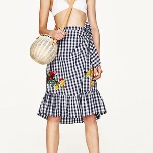 Gingham Embroidered Wrap Skirt
